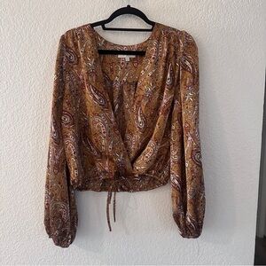 Pinch Paisley Print Blouse Women’s Large Boho Long Sleeve Smocked Waist Brown